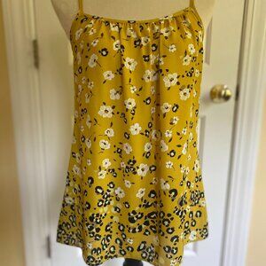 CAbi Couple Cami, yellow mustard gold shirt with black and white flowers, S.